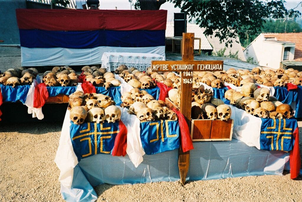 The remains of the victims in front of the church in Livno on the day of the funeral, August 11, 1991