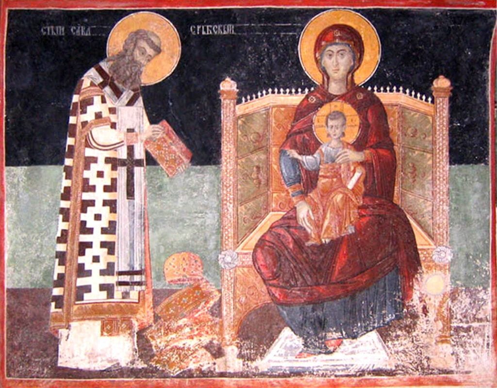 Свети Сава пред Богородицом, фреска у манастиру Пива